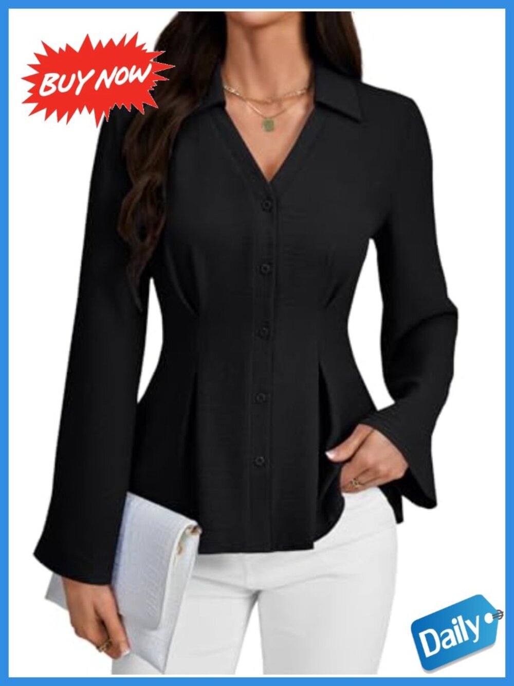 Women's Collared V Neck Long Sleeve Button Down Blouse for Business